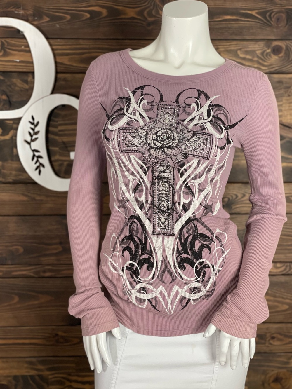 Vocal Waffle Knit Long Sleeve Cross Graphic Top Grunge Mauve Pink Studded Small
